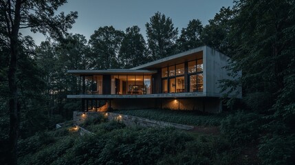 Modern house nestled in the woods at dusk, with a warm, inviting interior glow.