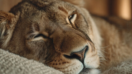Sleeping lioness close-up portrait on cozy blanket. African wildlife in comfortable setting. Relaxed big cat resting. Concept of animal care and conservation