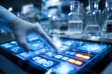 Research scientist using a digital touchscreen interface in a modern laboratory