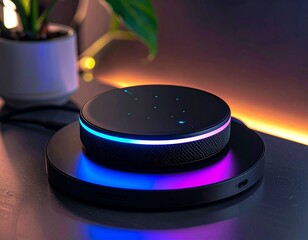 A black smart speaker with colorful led lights sitting on a round base near a potted plant