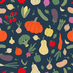 Hand drawn vegetables harvest seamless pattern. Wallpaper with of pumpkins, peppers, tomatoes, onions, broccoli, and corn. Farm and garden concept.