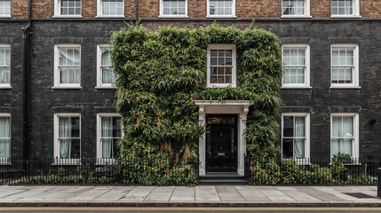 Naklejka premium A stunning townhouse facade in London, embraced by vibrant green foliage.