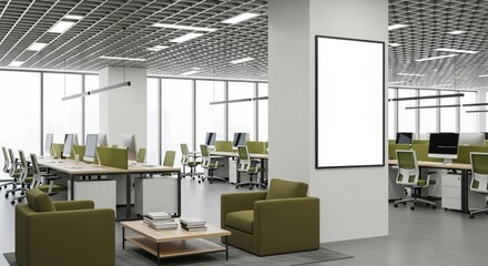 Fototapeta premium Modern open plan office with natural light and contemporary furniture