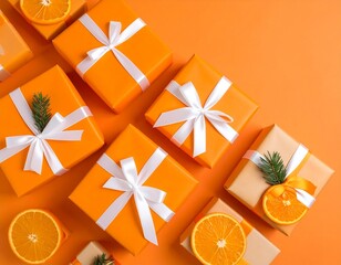Overhead shot of orange and beige gifts with white ribbons and orange slices on orange background