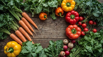 Fresh, colorful vegetables arranged on a rustic wooden table for a healthy, vibrant display.
