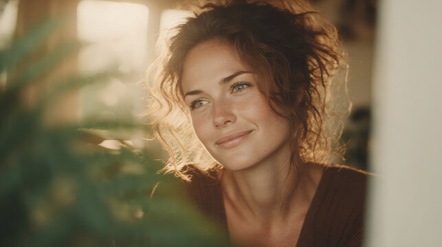 Woman with curly hair smiling in warm sunlight. Natural beauty portrait with soft focus and green plant leaves. Lifestyle, happiness, and wellness concept for social media or blog