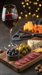 Elegant red wine and cheese charcuterie board with olives and salami