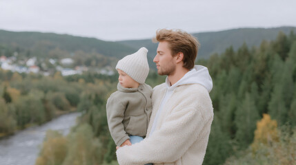 Fototapeta premium Caucasian father holding child outdoors in nature. Man and toddler bonding in mountain landscape. Parenting, family time, adventure concept. Autumn scenery with forest and river