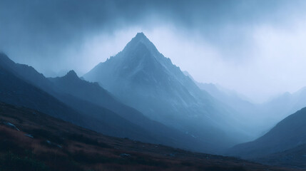 Misty mountain peak in blue twilight. Moody landscape of foggy highlands. Atmospheric nature scenery for wallpaper, book cover, or travel inspiration. Serene wilderness view.