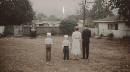 Family of four watching rocket launch from backyard. Vintage photograph capturing historic space exploration moment. Nostalgic 1960s suburban scene