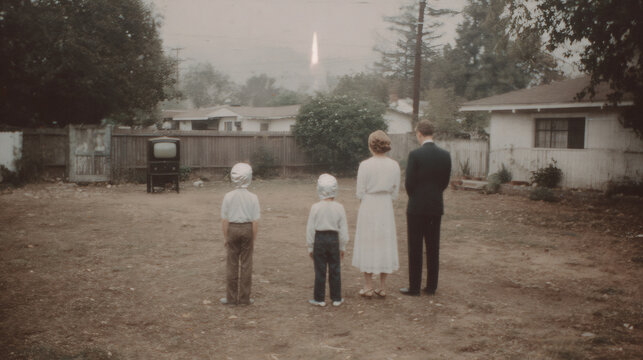 Family of four watching rocket launch from backyard. Vintage photograph capturing historic space exploration moment. Nostalgic 1960s suburban scene