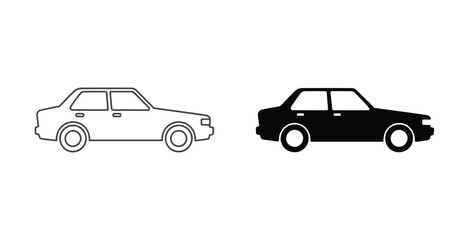 Vector art of a white outline and a solid black sedan car are displayed side by side on a white background