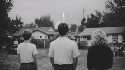Obraz premium Three people watching distant rocket launch from suburban neighborhood Black and white nostalgic scene capturing 1960s space race excitement and community gathering
