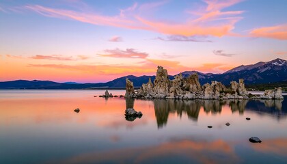 Tranquil lake at dawn, with dramatic rock formations