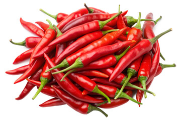A pile of red chili peppers is isolated against a transparent background in studio lighting