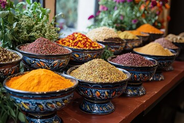 A vibrant display of exotic spices from around the world, including saffron, sumac, and za'atar, in decorative bowls
