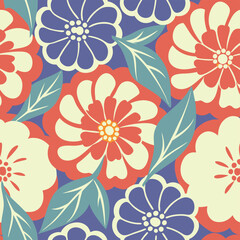 Obraz premium Vibrant retro floral pattern with orange purple and red blooms.