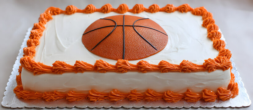 White iced rectangular basketball-themed sheet cake featuring a central orange basketball decoration with burnt orange borders on a white background.