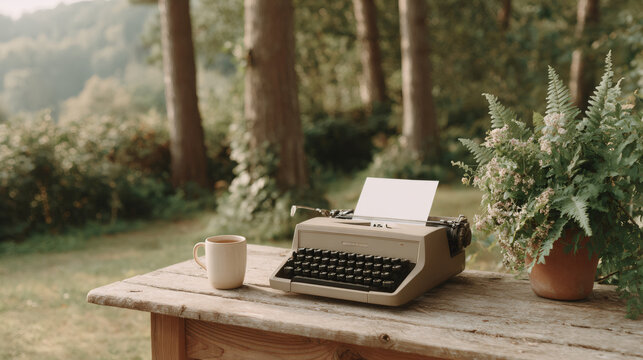 Vintage typewriter and in garden setting. Writing inspiration outdoors. Retro author workspace with coffee cup and ferns. Creative workspace concept for novelist or poet