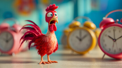 Animated surprised chicken character with colorful alarms in the background