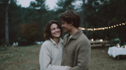 Obraz premium Couple embracing outdoors at dusk. String lights and table in background. Romantic evening in nature. Cozy atmosphere for atmosphere for date night or wedding concept.