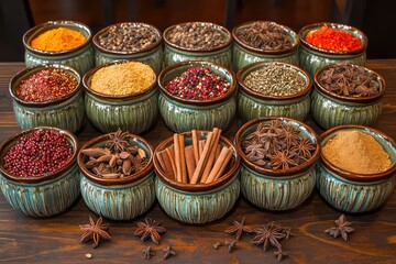 Fototapeta premium A vibrant display of whole spices, including star anise, cinnamon sticks, and cloves, arranged in decorative bowls