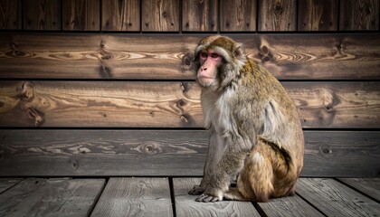 Monkey seated against a wooden wall