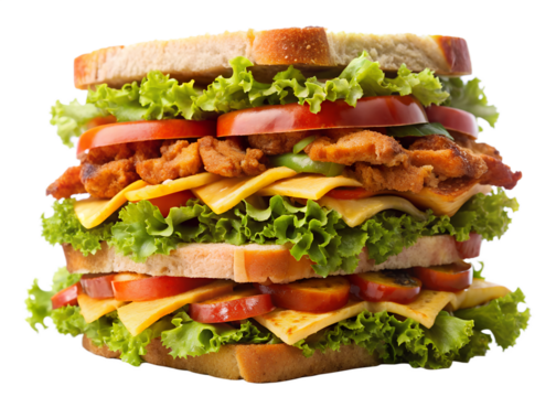 A towering doubledecker sandwich is layered with chicken cheese lettuce and tomato on a transparent background - Powered by Adobe