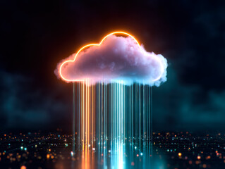 Futuristic digital cloud with vibrant rain and glowing horizon over a data network