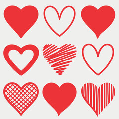 Collection of hand drawn red hearts in various styles on a light background.