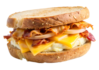 A breakfast sandwich with bacon egg and cheese is isolated on a transparent background