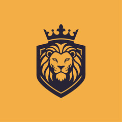 Dark silhouette lion head with crown on shield, graphic design element.