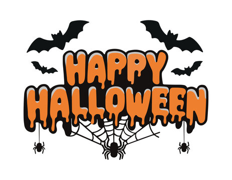 happy halloween text with dripping orange letters bats spiders and web perfect for spooky festive designs invitations and seasonal marketing