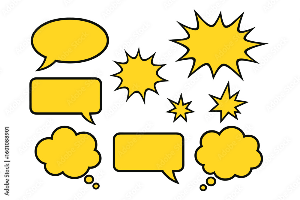 Fototapete Yellow comic speech bubbles, thought bubbles, and explosion shapes. Blank dialogue box set for pop art design. Editable cartoon vector elements for communication concepts.