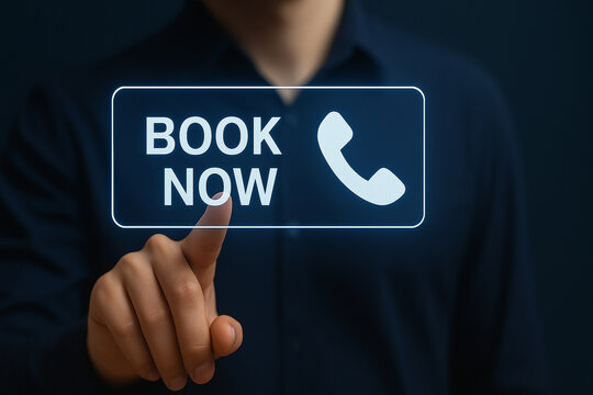 Professional Businessman Tapping Book Now Button with Phone Icon for Customer Service or Appointment Booking in High-Quality Virtual Interface