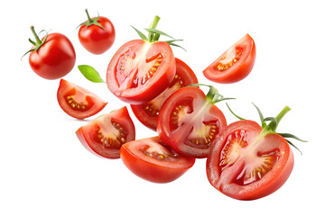 A selection of fresh red tomatoes both whole and sliced are arranged on a clean transparent background ready for cooking