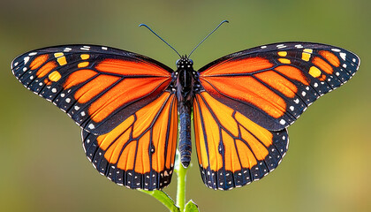 Naklejka premium Vibrant orange and black butterfly perched on a green stem with a blurred background