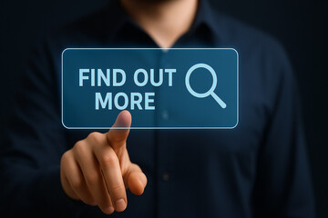 Modern businessman pressing futuristic holographic find out more button with magnifying glass icon for online search marketing and web promotion