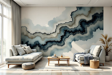 A living room with a large wall mural of a wave. The room is furnished with a couch, a coffee table, and a potted plant. The atmosphere is calm and serene, with the blue