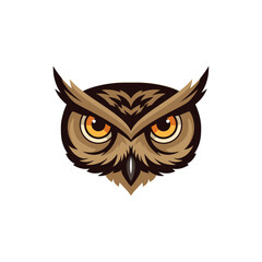 Naklejka premium Intense gaze of a stylized brown owl head, sharp eyes, detailed feathers.
