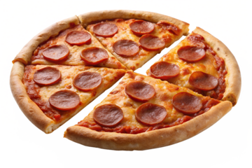 A whole pepperoni pizza with several slices cut out sits on a transparent background
