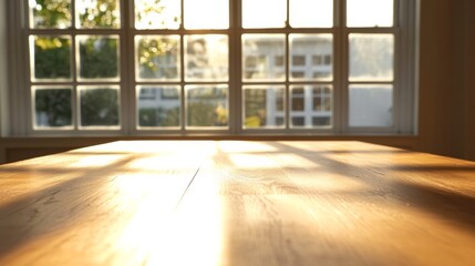 Fototapeta premium Sunlight shining through windows onto an elegant wood conference table, minimal setup,