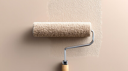 Fototapeta premium Close-up of a paint roller applying beige textured paint on a wall