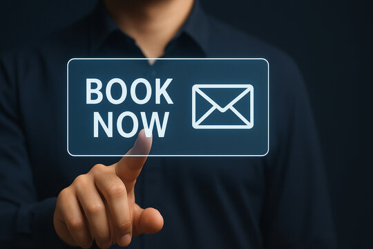 Businessman Tapping Book Now Button with Email Icon on Virtual Screen, Digital Interface Concept for Booking and Communication Services