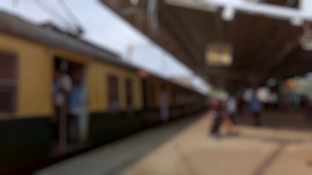 Bokeh view of Chennai Beach railway station in Chennai, India. Blurred background footage.