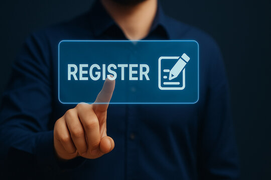 Man Pressing Register Button on Virtual Touchscreen Interface with Digital Form Icon for Online Signup, Enrollment, or Booking Actions