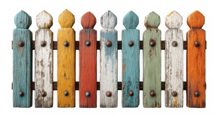 Vibrant Eclectic Colors: Rustic Wooden Fence with Weathered Paint and Nostalgic Charm