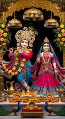 Radha krishna deities in temple, hindu gods idols, krishna playing flute, radha blessing pose