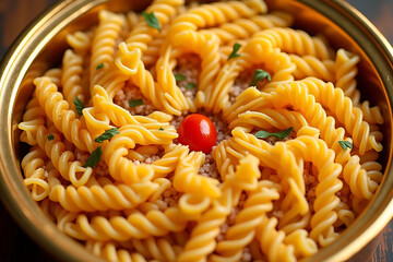 A bowl of pasta with a tomato on top. The pasta is spiral and the tomato is red