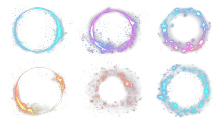 Realistic set of round light flares isolated on transparent background. Vector illustration of neon color glowing circles with smoke, sparkling particles, explosion, halo effect. Radial energy vortex